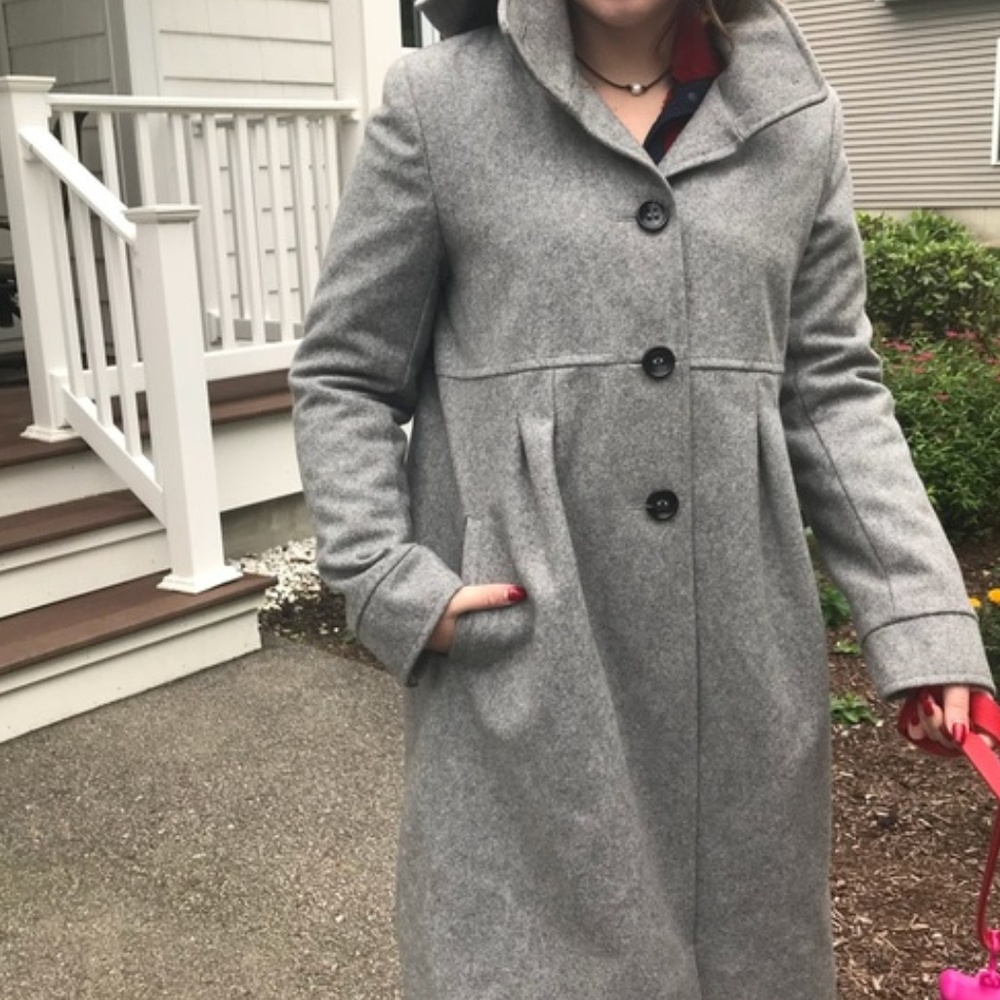 DKNY Hooded Wool Babydoll Pea Coat  - Gray